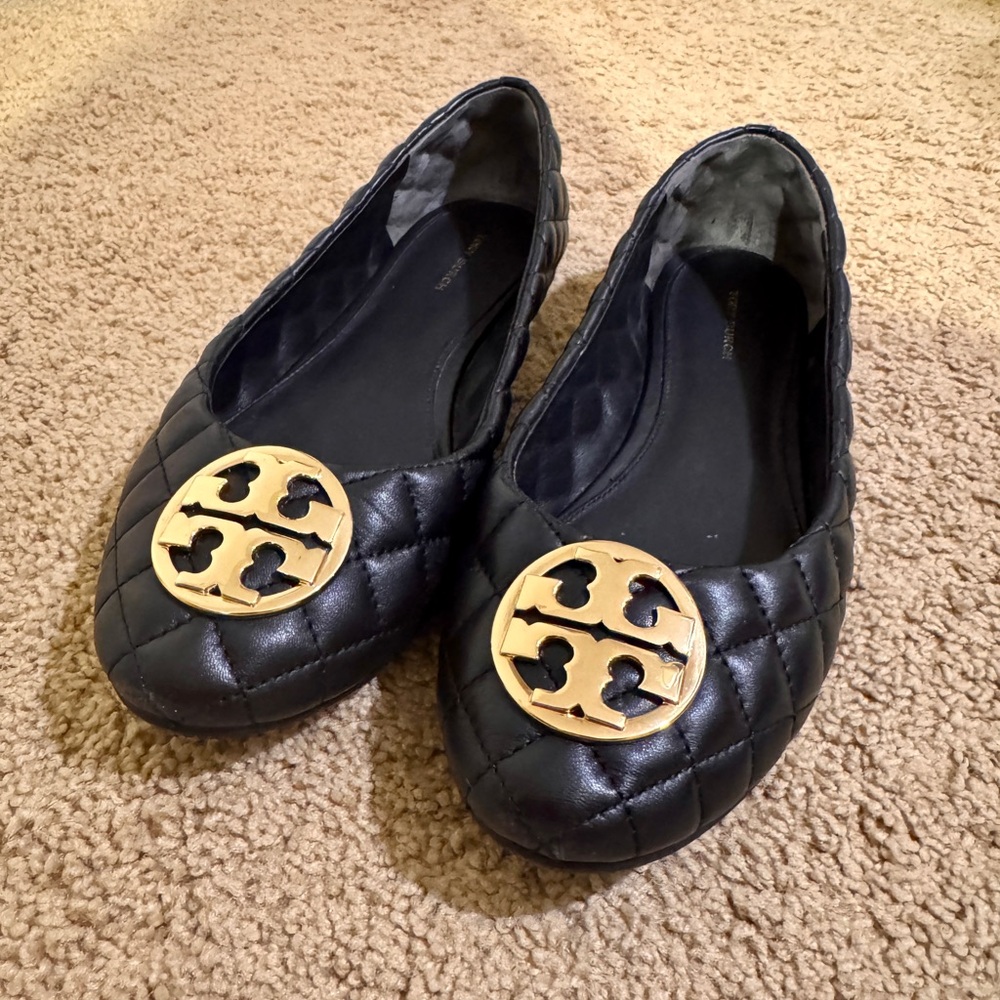 Tory Burch Chelsea Quilted Black and Gold Ballet Flats